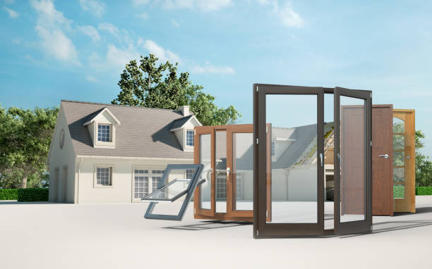 3D rendering of a house under construction with doors and windows selection